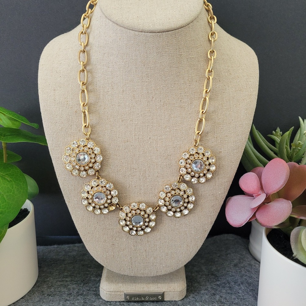 J.Crew Clear Crystal Rhinestone Medallion Statement Necklace Gold Tone Flower